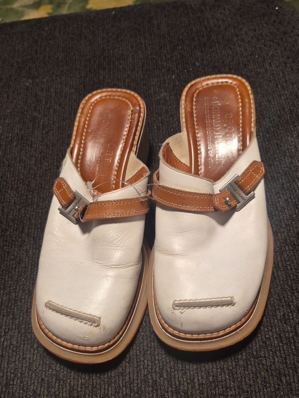 Donald J. Pliner White and Brown Leather Slip-On Mules
